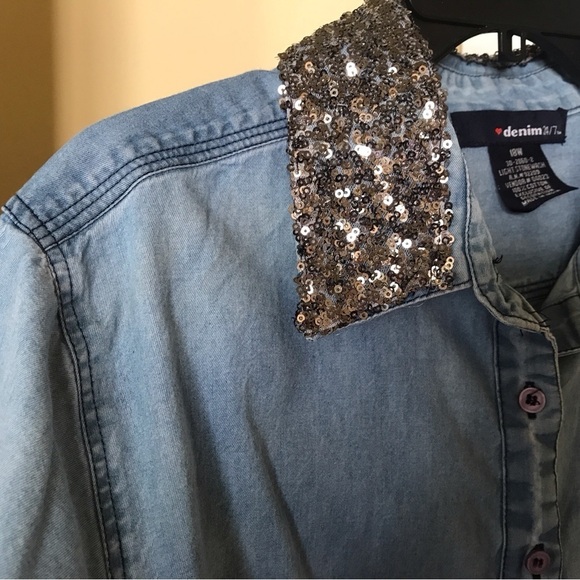 Denim 24/7 Plus Sz18W Long Sleeve Silver Sequined Collar Denim Shirt Comfy - Picture 4 of 7